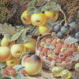 Still Life Of Apples, Grapes, Raspberries, Gooseberries And Peach by Oliver Clare