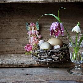 Still-life Of Various Eggs In Nest, Snake's Head Fritillary And Snowdrop In Drinking Glass And Sticker Of Fairy Figure In Old Wooden Crate by Sabine L?scher