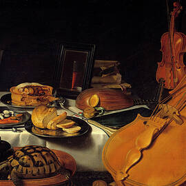 Still Life With Musical Instruments A Turtle, A Pie, A Glass Of Wine, Bread, 1623 by Pieter Claesz
