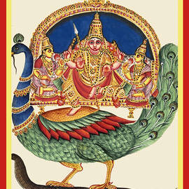 Subrahmanya, Valli and Devasena on the back of a peacock by unknown