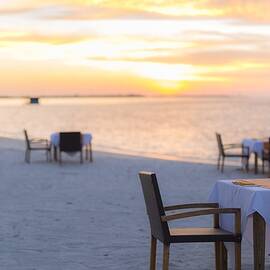 Sunset Beach Scene  Tropical Restaurant by Levente Bodo