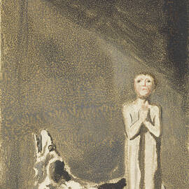The First Book Of Urizen, Plate 24, A Boy In A Long Dress, Standing With Clasped Hands To The Right Of A Dog, 1794 Relief Etching With Watercolor by William Blake