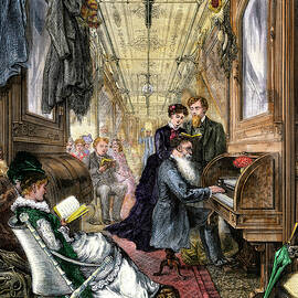 The Sunday Service (a Pianist Accompanies Passengers Who Sing The Psalms In Their Collection) Aboard A Wagon Of The American Union Pacific Railway Company, Around 1870 19th Century Lithography by American School