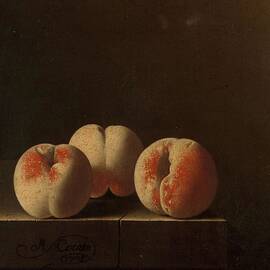 Three Peaches on a Stone Plinth. Drie perziken op een stenen plint.