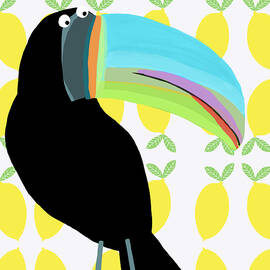 Tropical Toucan Bird with Lemon Pattern Background by Carla Daly by Carla Daly
