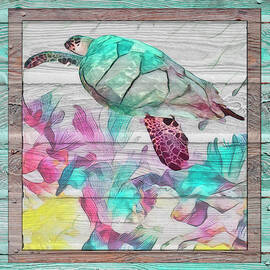 Turtle at the Reef in Wood Texture by Debra and Dave Vanderlaan