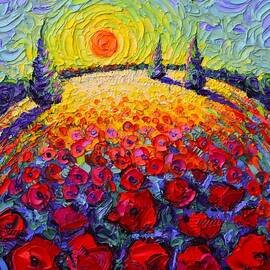 TUSCANY POPPIES ROUNDSCAPE SUNRISE textural impressionist knife oil painting by Ana Maria Edulescu by Ana Maria Edulescu