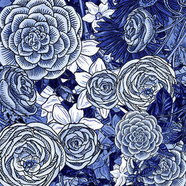 Ultramarine Blue Watercolor Botanical Flowers Garden Pattern IV by Irina Sztukowski