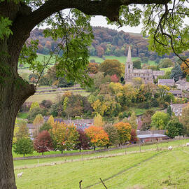 United Kingdom, England, Derbyshire, Hathersage, Great Britain, Peak District National Park, British Isles, The Village Church Framed By Autumn Oak Tree Branches by Deborah Waters