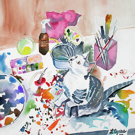 Watercolor - Kitten on my Painting Table by Cascade Colors