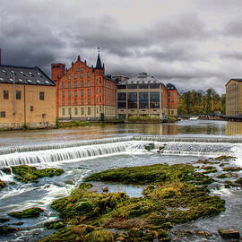 Waterfall And Houses In Norrköpings by Johan Klovsjö