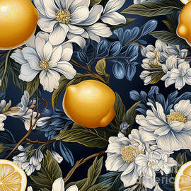 a  blue  and  white  tile  pattern  with  lemons  and  f  cedc  d  f  e  dbaebc by Asar Studios by Artistic Rifki