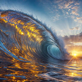 A majestic ocean wave curls with the golden light  by Mango Art