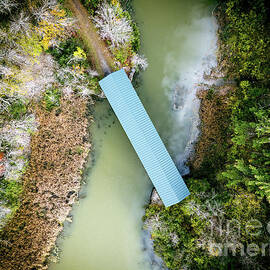 Aerial view of covered railroad bridge in East Shoreham, Vermont