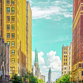 Downtown Tulsa with turquoise sky - Modern and Art Deco building by Susan Vineyard