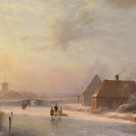 Dutch Winter Landscape with Ice Skaters 1800s by Andreas Schelfhout