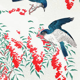Flycatchers on a nandina bush by Ohara Koson  by Mango Art