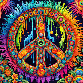 Psychedelic Peace Symbol - Trippy Colorful Retro 1960s Abstract  by StellArt Studio