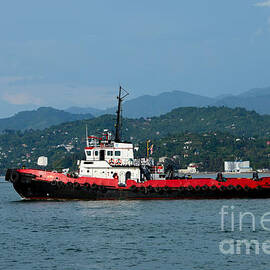 Red tug boat at sea with mountain background traveling in Black Sea Batumi harbor Georgia by Imran Ahmed