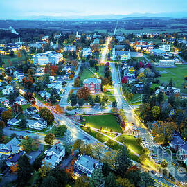 Aerial view of the Cross St. Bridge in Middlebury, Vermont