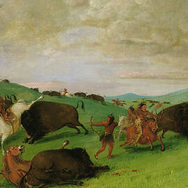 Buffalo Chase, Bulls Making Battle with Men and Horses by George Catlin
