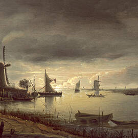 River Scene with Windmill and Boats, Evening