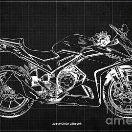 2024 Honda CBR500R Blueprint,Vintage Dark Grey Background,Motorcycle Blueprint,Original Blueprint by Drawspots Illustrations