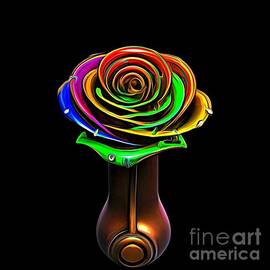 3D Look Artificial Intelligence Steampunk Multicolored Rose in a Bronze Vase Abstract Expressionism by Rose Santuci-Sofranko
