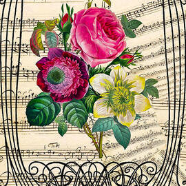 A bouquet of roses on a musical score framed by an art nouveau, belle epoque ornament. by Elena Gantchikova