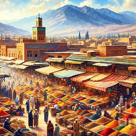 A bustling spice market in Marrakesh, with a backdrop of the Atlas Mountains. by Jeff Creation
