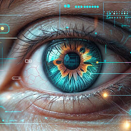 A close-up of an eye is overlaid with digital and technological graphics by Mango Art