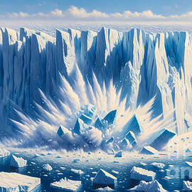 A colossal glacier calving into the ocean with icebergs floating around by Jeff Creation