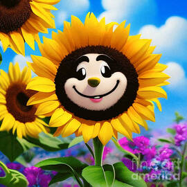 A delightful cartoon image of a cheerful sunflower character by Mounir Khalfouf