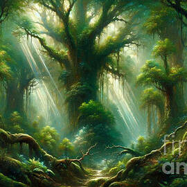 A dense, mystical forest with rays of sunlight piercing through the canopy by Jeff Creation