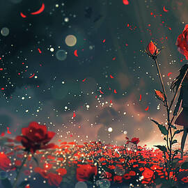 A field of vibrant red roses under a hazy starry sky by Jose Alberto