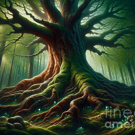 A giant ancient tree with roots sprawling across an enchanted forest by Jeff Creation