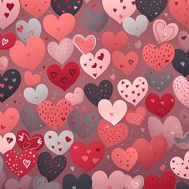 A heart pattern of hearts and dots in red and pink No 2 by Andre Petrov
