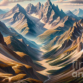 A high mountain pass with a view of peaks and valleys below by Jeff Creation