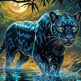 A luminous jaguar prowls through a moonlit jungle by Mango Art
