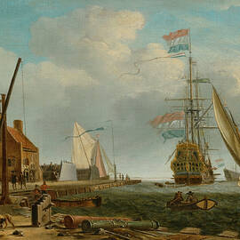 A majestic sailing ship adorned with flags is moored at a busy dockside, while smaller boats navigat by MotionAge Designs