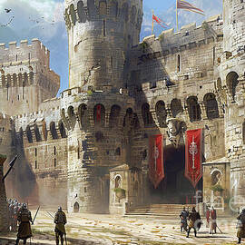 A medieval castle with knights training in the courtyard building by Tommy Mcdaniel