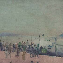 A muted color palette creates a serene waterside scene with indistinct figures and several boats. Th by MotionAge Designs