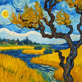 A river flowing in a wheat field, with a tree in the foreground, in the style of Vincent van Gogh by Nicko Prints