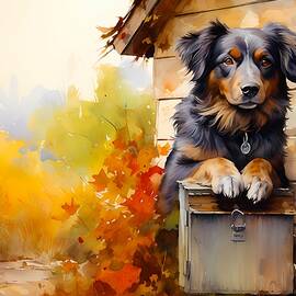 A romanticized Watercolor art of a dog waiting patiently by a rural mailbox No 3 by Andre Petrov