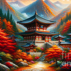 A serene Buddhist temple amidst autumn foliage in a mountain setting by Jeff Creation