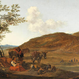 A serene countryside scene is captured with several cows and a donkey resting on the grass, while a  by MotionAge Designs