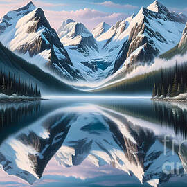 A serene lake reflecting a perfect mirror image of the surrounding snow-capped mountains by Jeff Creation