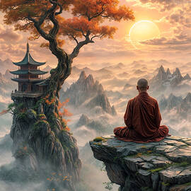 A serene monk sits meditating on the edge of a cliff by Mango Art