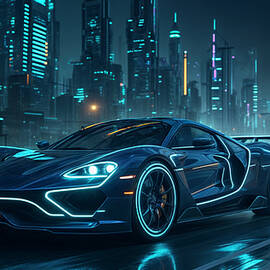 A sleek, futuristic car cruises through a neon-lit cityscape at night by Mango Art