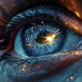 A stunning close-up of a human eye, reimagined as a cosmic portal. The iris is a swirling vortex of colors, leading to a distant galaxy. This image invites us to explore the depths of our own consciousness. by Arpan Bhatia
